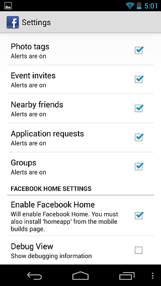 Facebook Home FB Settings