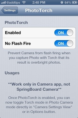 PhotoTorch iOS Settings PhotoTorch iOS Settings