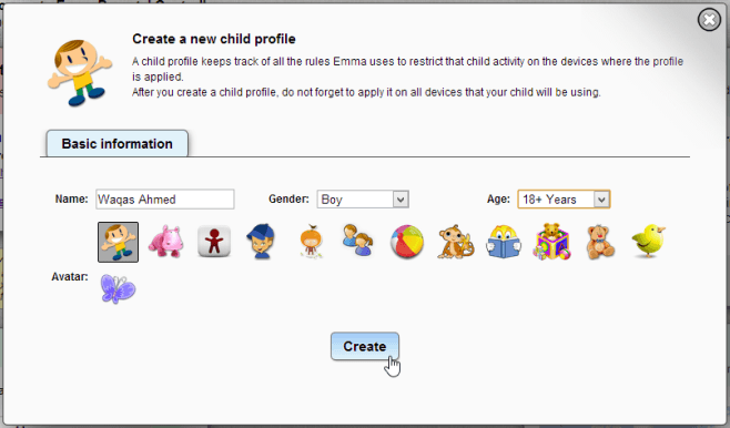 Creating a new child profile Creating a new child profile