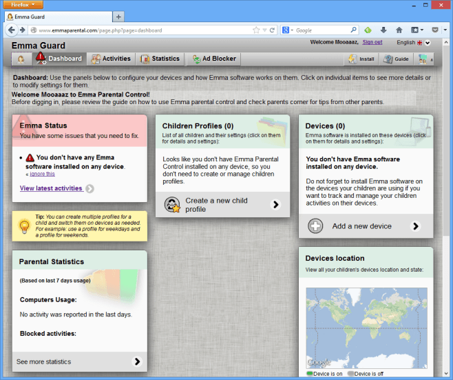 Emma Parental Controls - main user interface Emma Parental Controls - main user interface