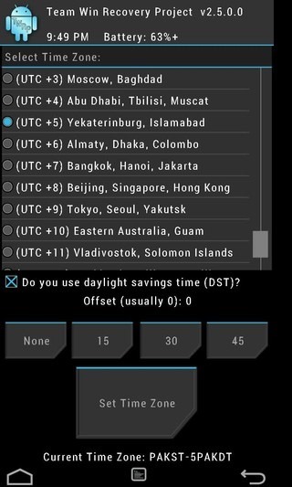 TWRP Recovery Select Time Zone TWRP Recovery Select Time Zone