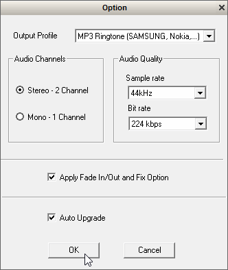 The Ringtone Maker's 'Option' window The Ringtone Maker's 'Option' window
