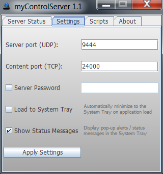 myControlServer settings myControlServer settings