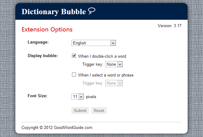 Dictionary Bubble for Chrome Settings Dictionary Bubble for Chrome Settings