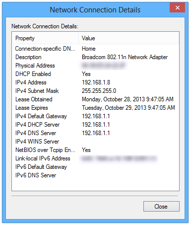 Network Connection Details Network Connection Details