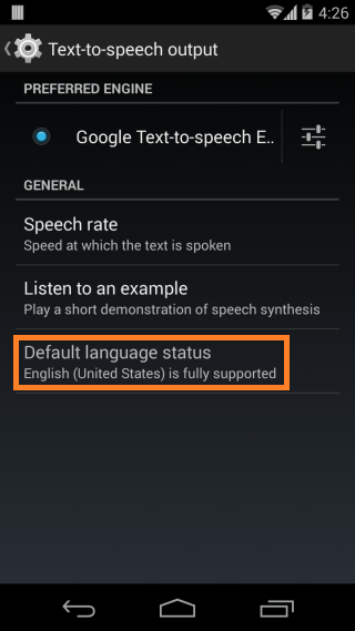 Android 4.4 KitKat Lesser Known Features - Text-to-speech Status for The Currently Default Language