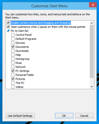 настроить стартовое меню