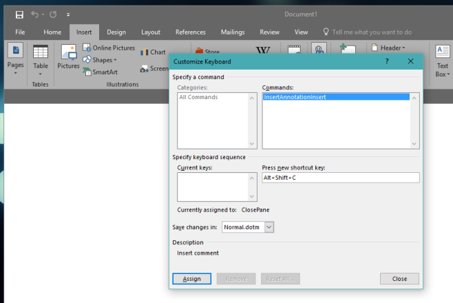 keyboard shortcut ms word