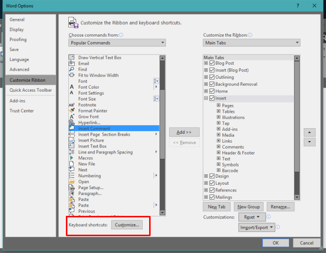 create custom keyboard shortcuts excel 2016 windows