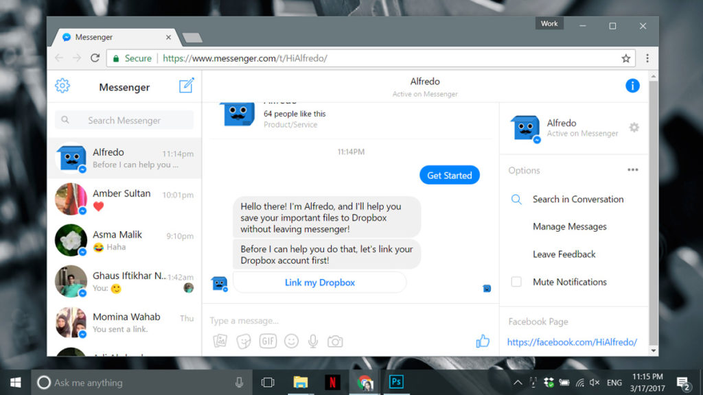  how to upload files to dropbox from facebook messenger