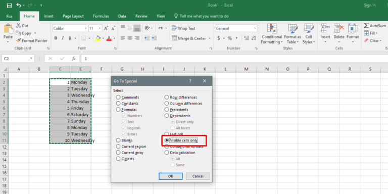 How to select only visible cells in excel