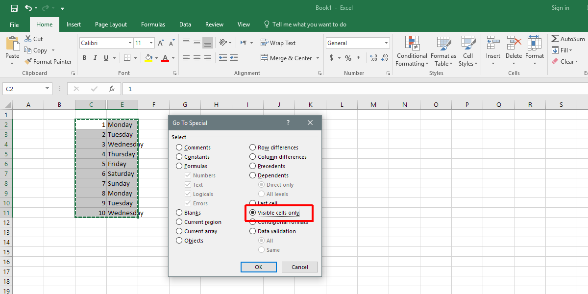 How do you select only visible cells in Excel?