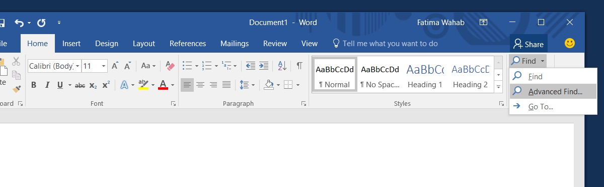 microsoft word find and replace goto tab