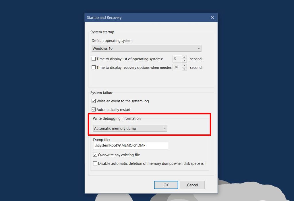 How to change the type of memory dump file windows 10 creates