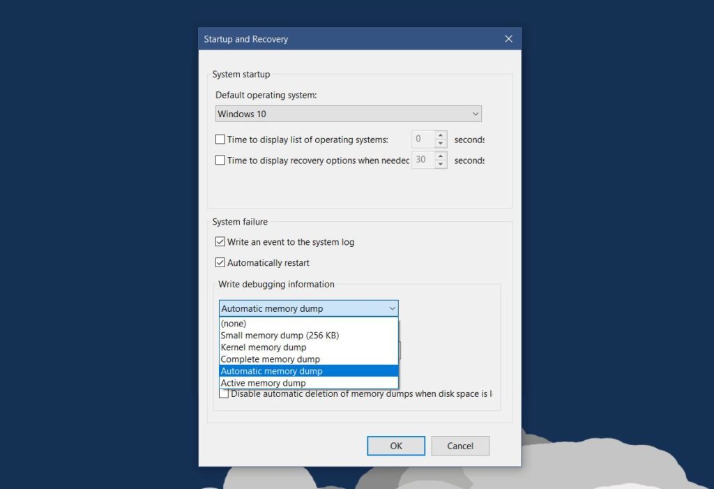 How to change the type of memory dump file windows 10 creates