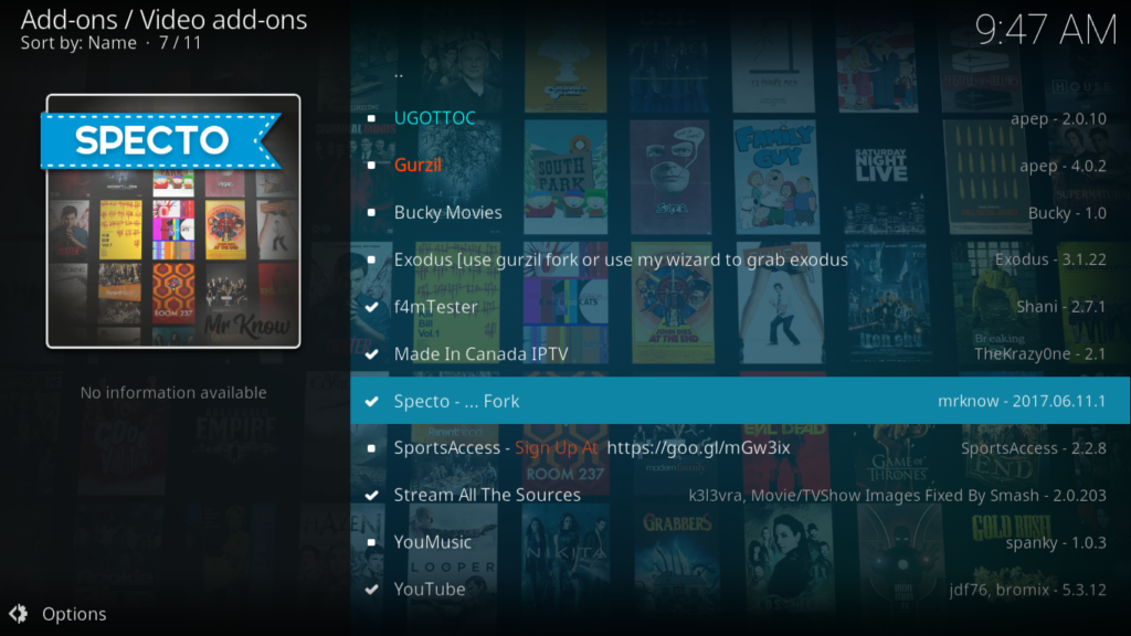 Specto add-on selection