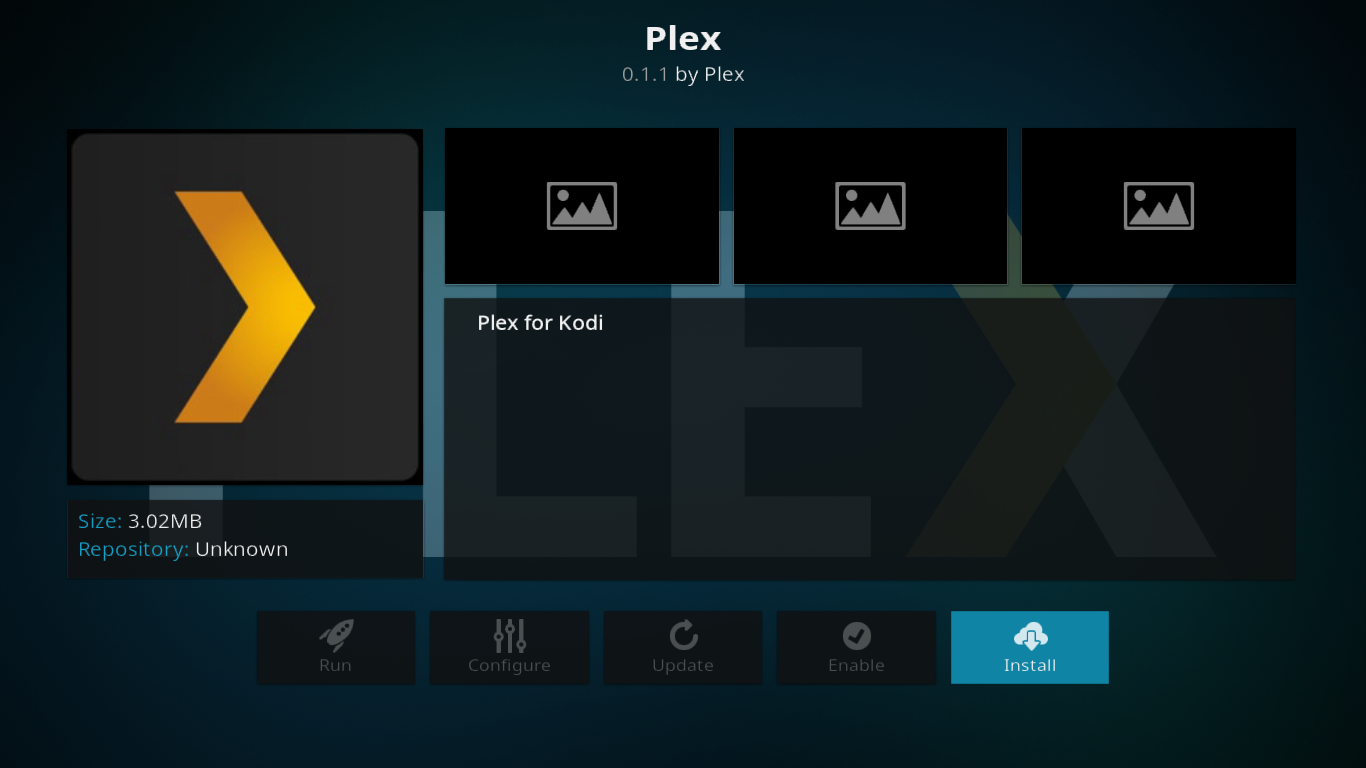 Plex add-on information screen