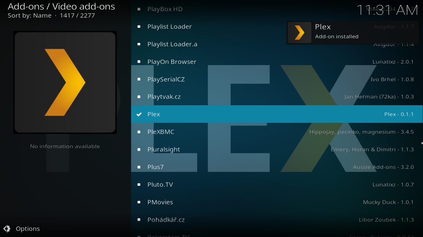 Plex add-on successful installation