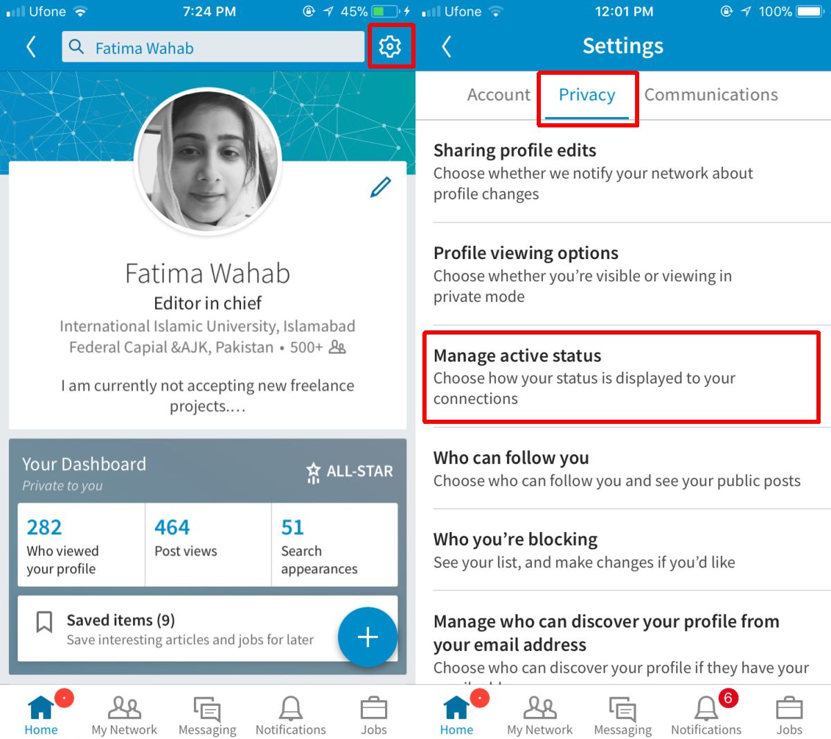 LinkedIn hide online status (December 2023)