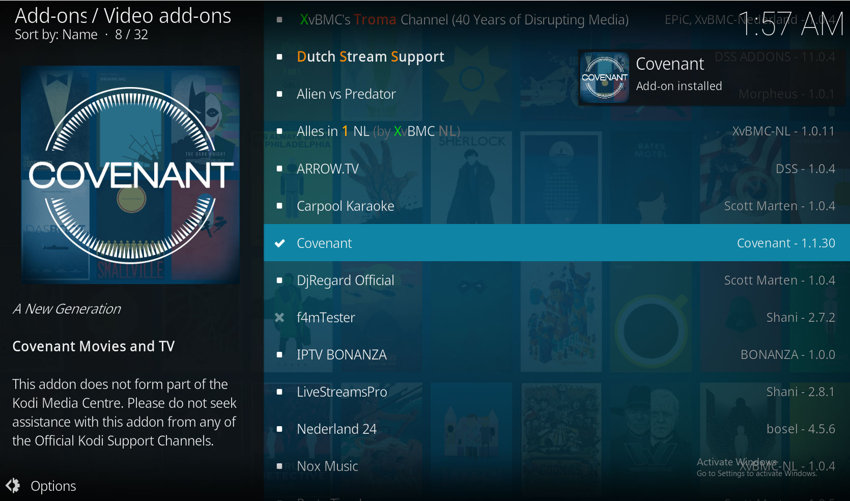 Covenant Kodi Add-on Installed