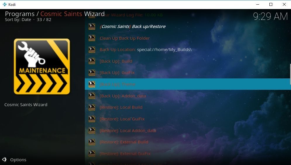 Backup and Restore Kodi 5 - Cosmic Saints wizard