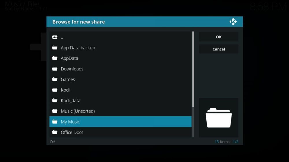 Add Music to Kodi Library Browse for Music