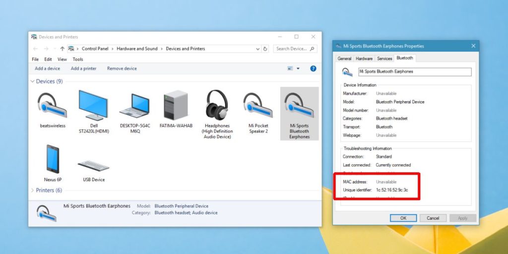 how to find bluetooth mac address windows 10