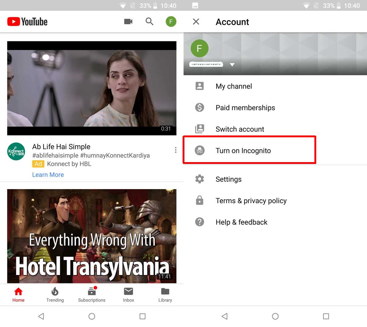 How to use youtube incognito mode on android