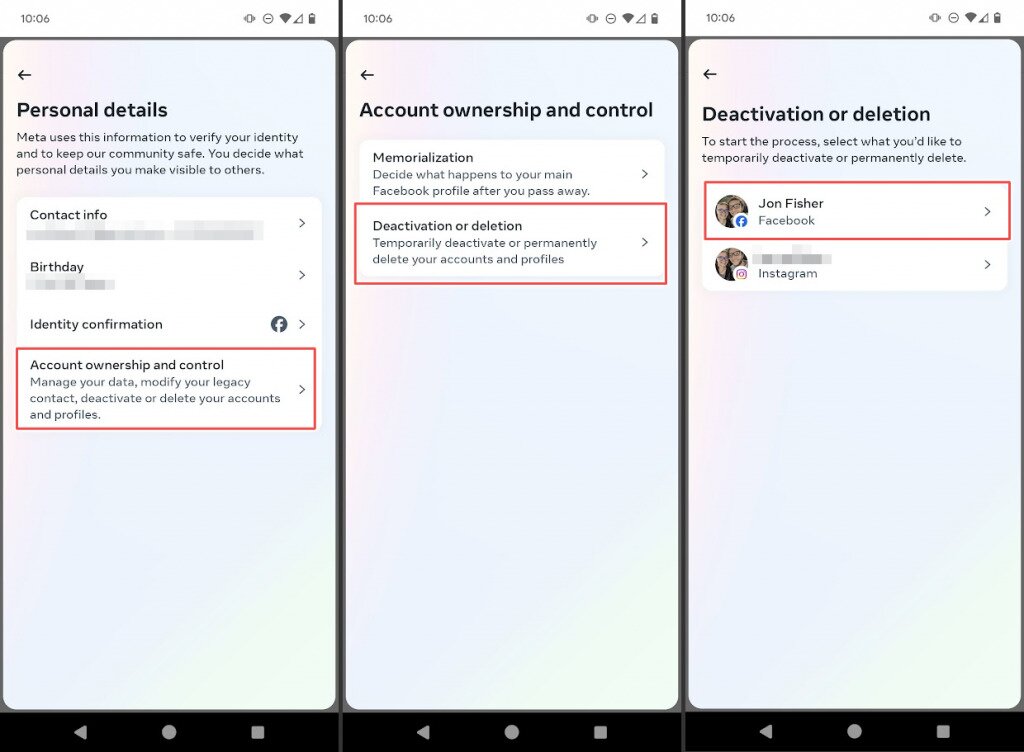 Deactivation and deletion options in the Facebook app for Android