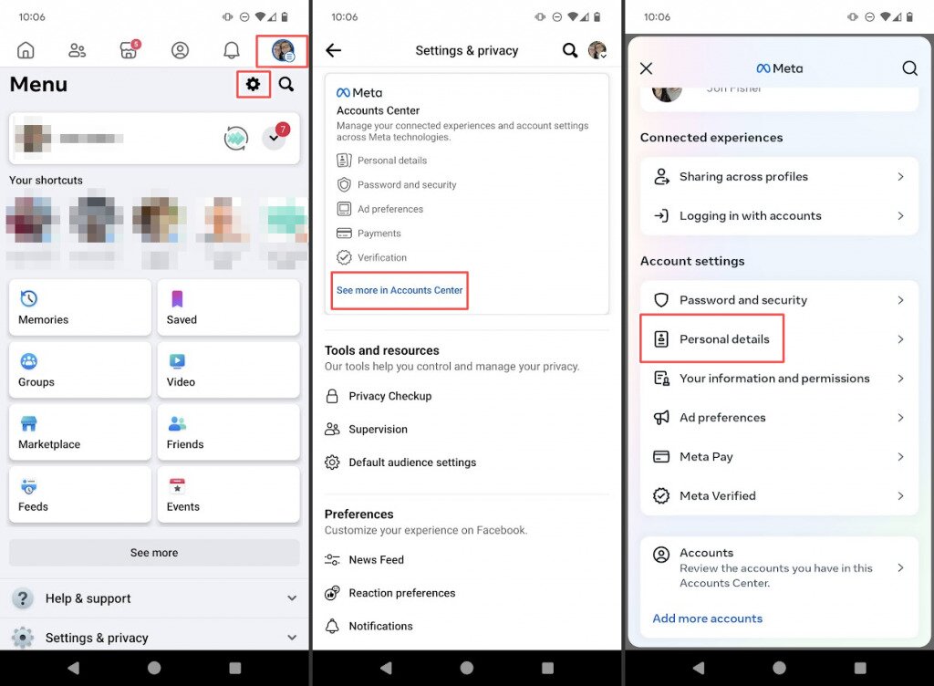 Settings in the Facebook Android app