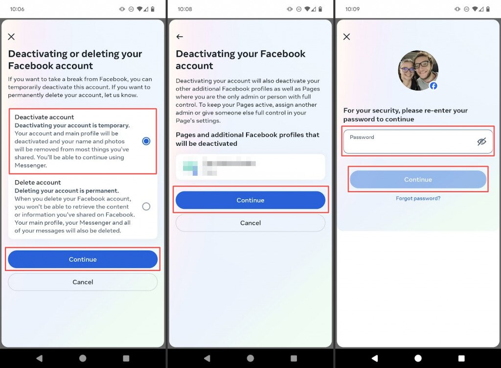 Facebook deactivation information in the Android app