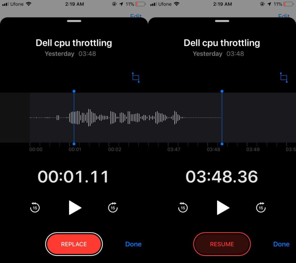 How to resume recording a voice memo on ios
