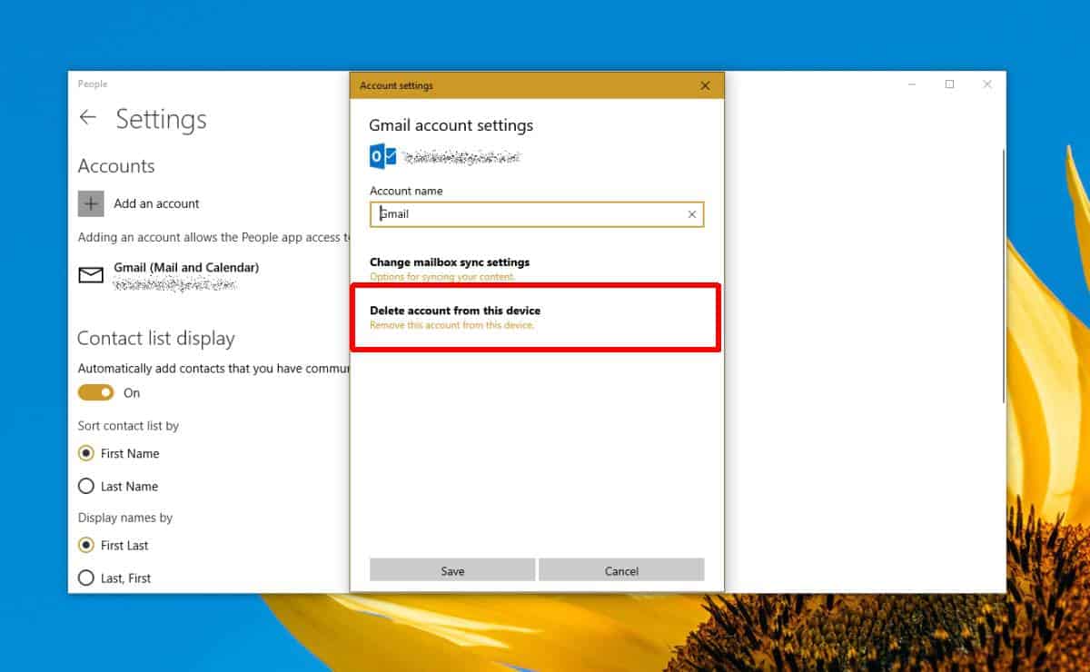 email and app accounts remove