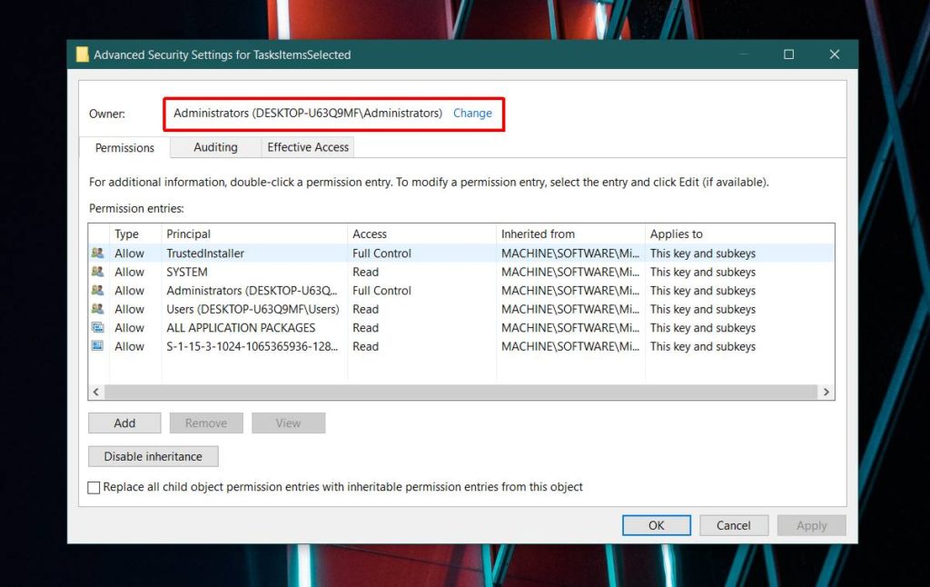 How to give ownership to TrustedInstaller on Windows 10