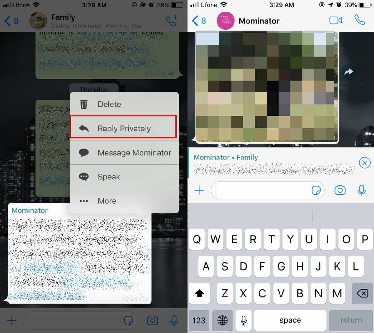 reply privately in whatsapp group