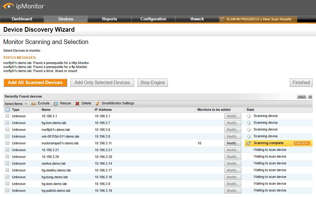 SolarWinds ipMonitor - Device Discovery