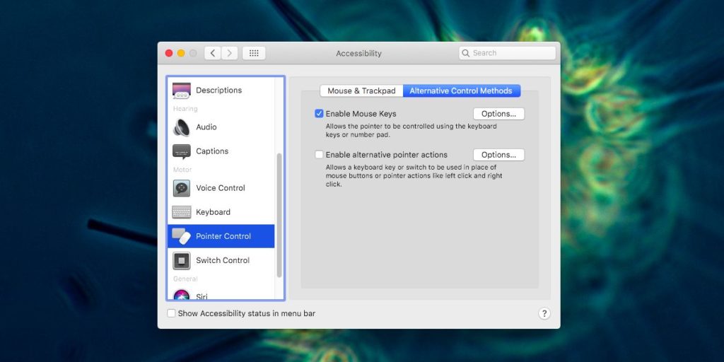 How to move the cursor with a keyboard on macOS with mouse keys