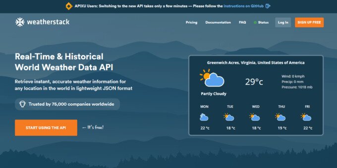 Weatherstack API Home Page