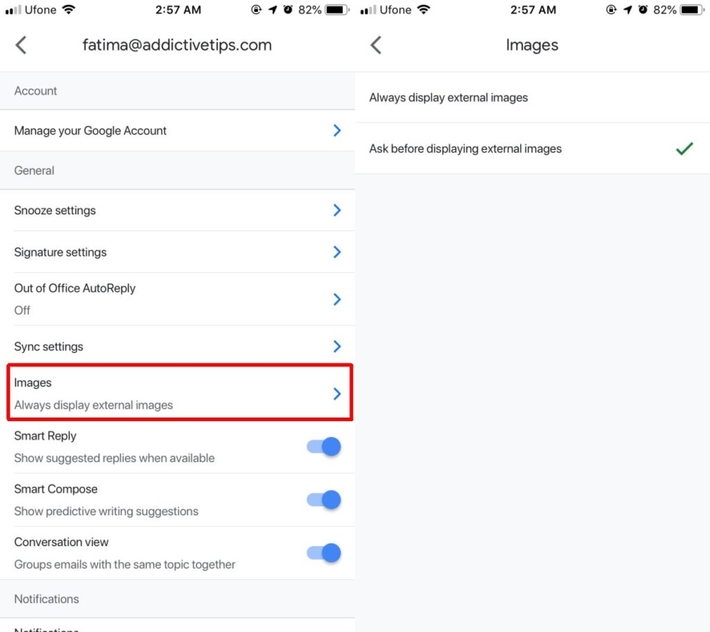 How to disable external images in Gmail apps