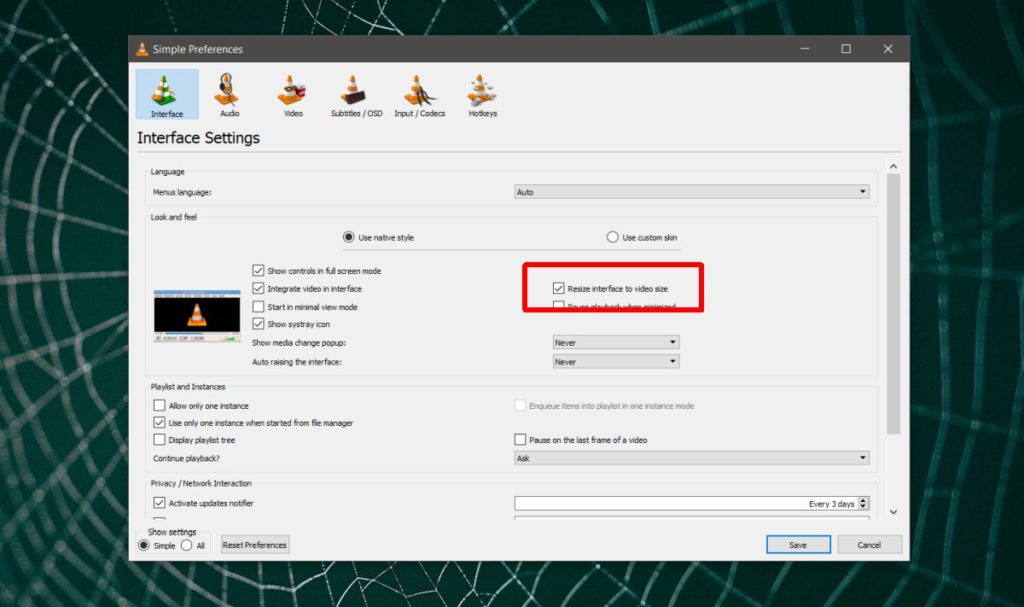 How to automatically resize vlc player for vertical videos