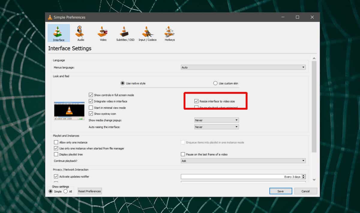 How to automatically resize VLC player for vertical videos