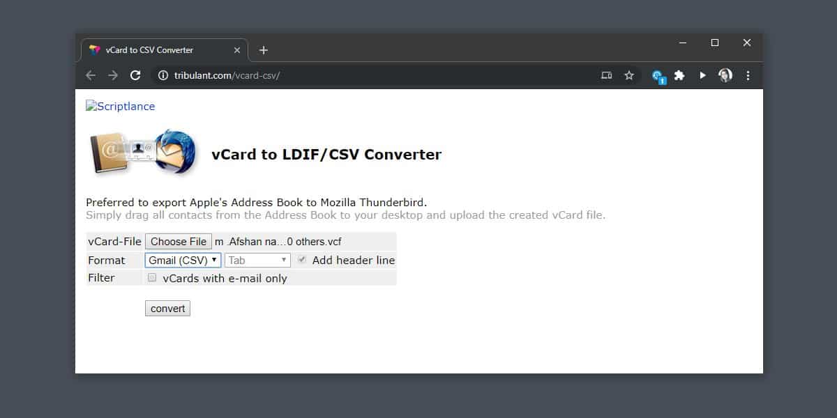 how to convert vcards to csv