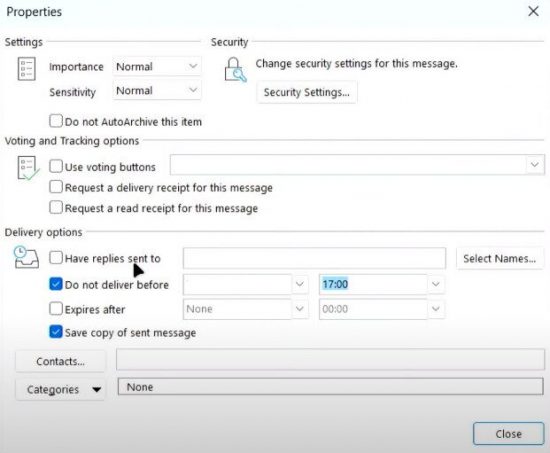 Outlook properties screen