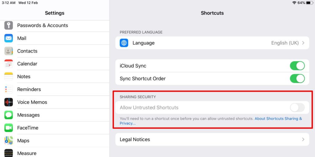 How to fix 'Allow untrusted shortcuts' grayed out on iOS
