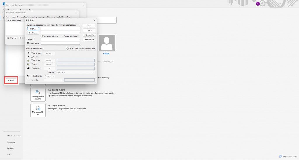 Outlook automatic reply rules