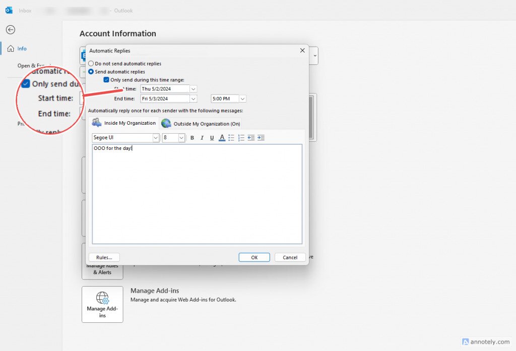 Dates selected in Outlook for an out of office message
