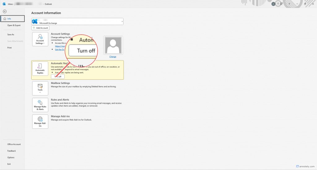 The Turn Off button highlighted in Outlook
