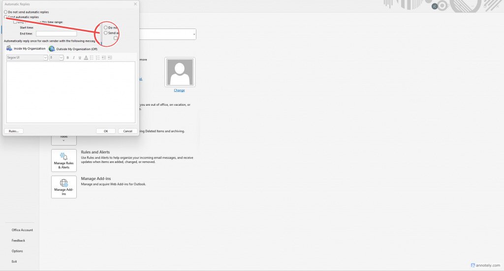 'Send automatic replies' highlighted in Outlook