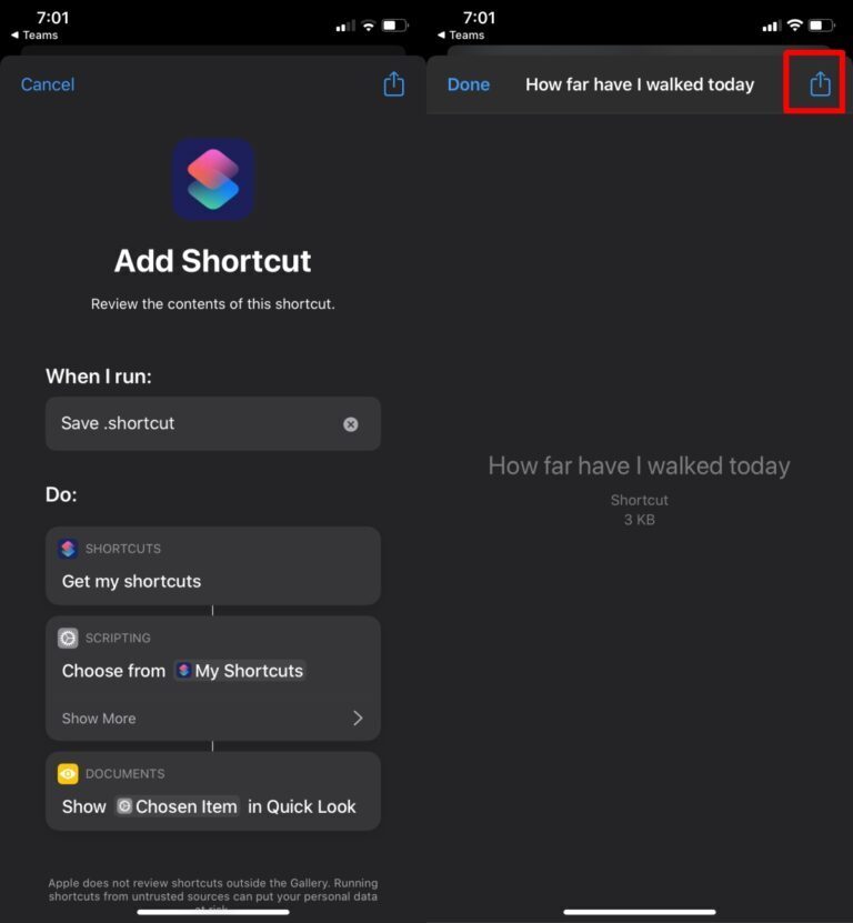 How to save an iPhone shortcut offline