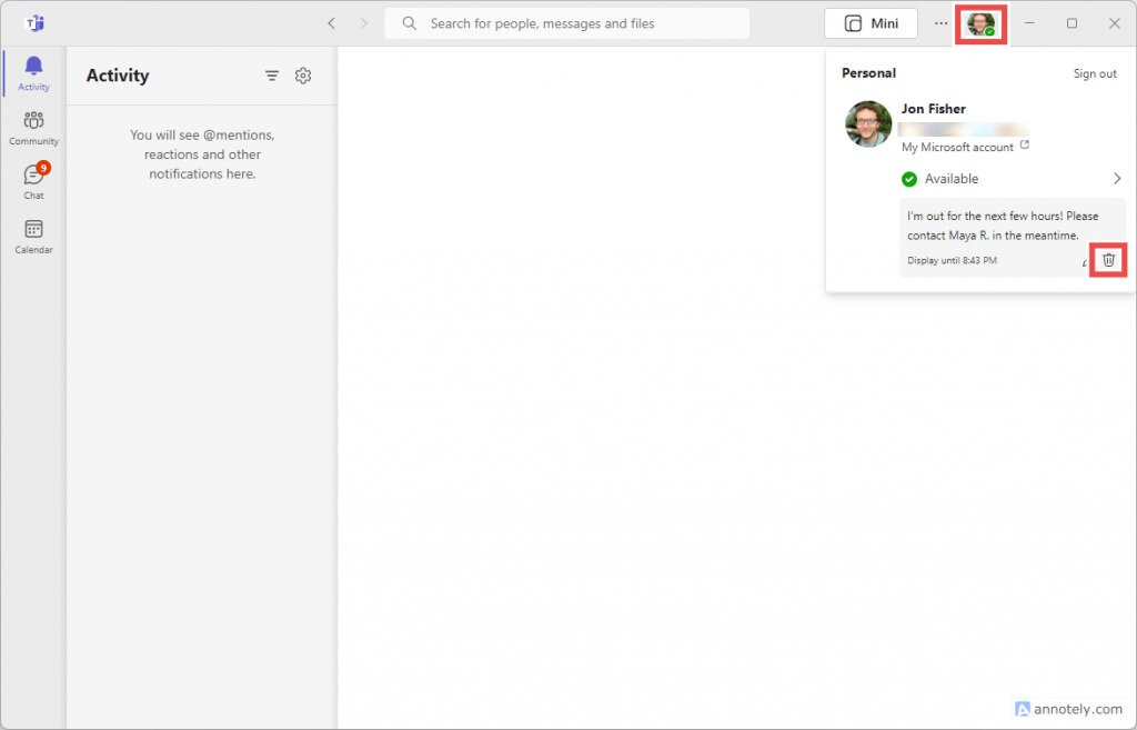 The trash button highlighted in the Teams status message area